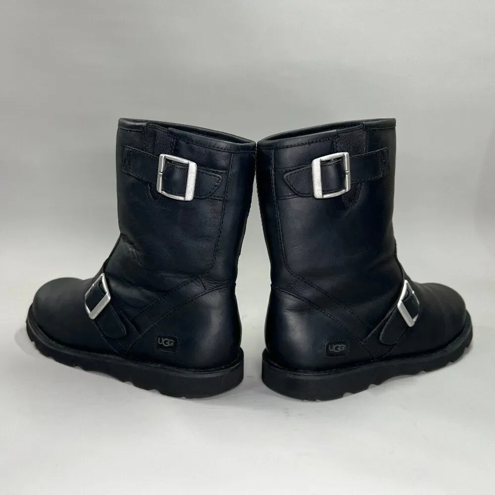 UGG Gallatin Boots Mens Size 8 Black Leather Buckle Motorcycle Moto Biker Winter